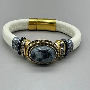 Laura Janelle Bangle Bracelet Women White Gold Tone Faux Stingray Stone Magnetic